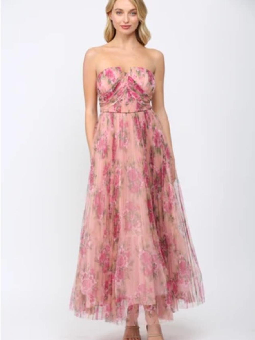 Fate Strapless Pink Floral Maxi Dress